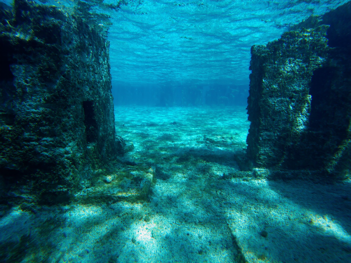 Подводные руины у Багам с каменными блоками