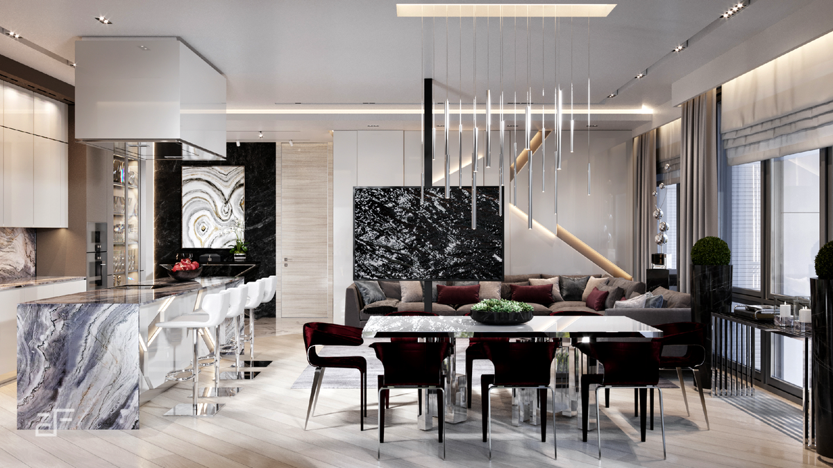 Гостиная, совмещенная с кухней и столовой: идеальное зонирование