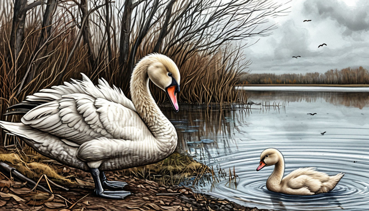 Лебедь с одним крылом и с железными лапами и его здоровый, но маленький кликунок. Изображение от ИИ Шедеврум (я просила у ИИ совсем другое, ну... ладно... в этом тоже есть смысл)