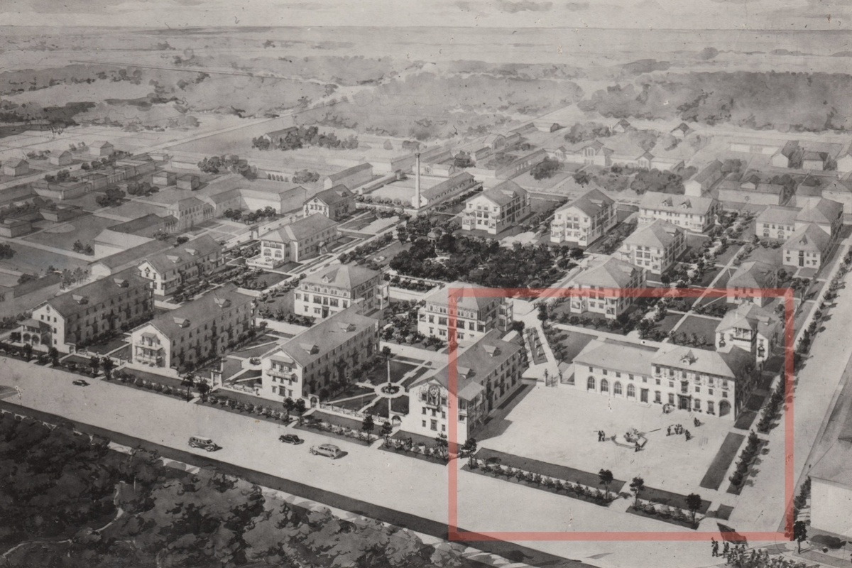 Проект поселка Главнефтегазстроя в Измайлове. Перспектива. Красной рамкой обозначена площадь на перекрестке Первомайской и 14-й Парковой улиц. 
