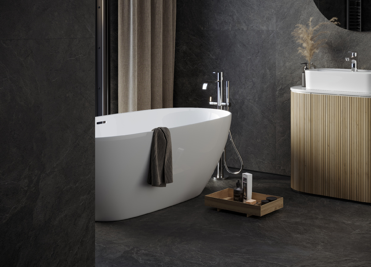 Керамогранит Krater темно-серого оттенка в интерьере