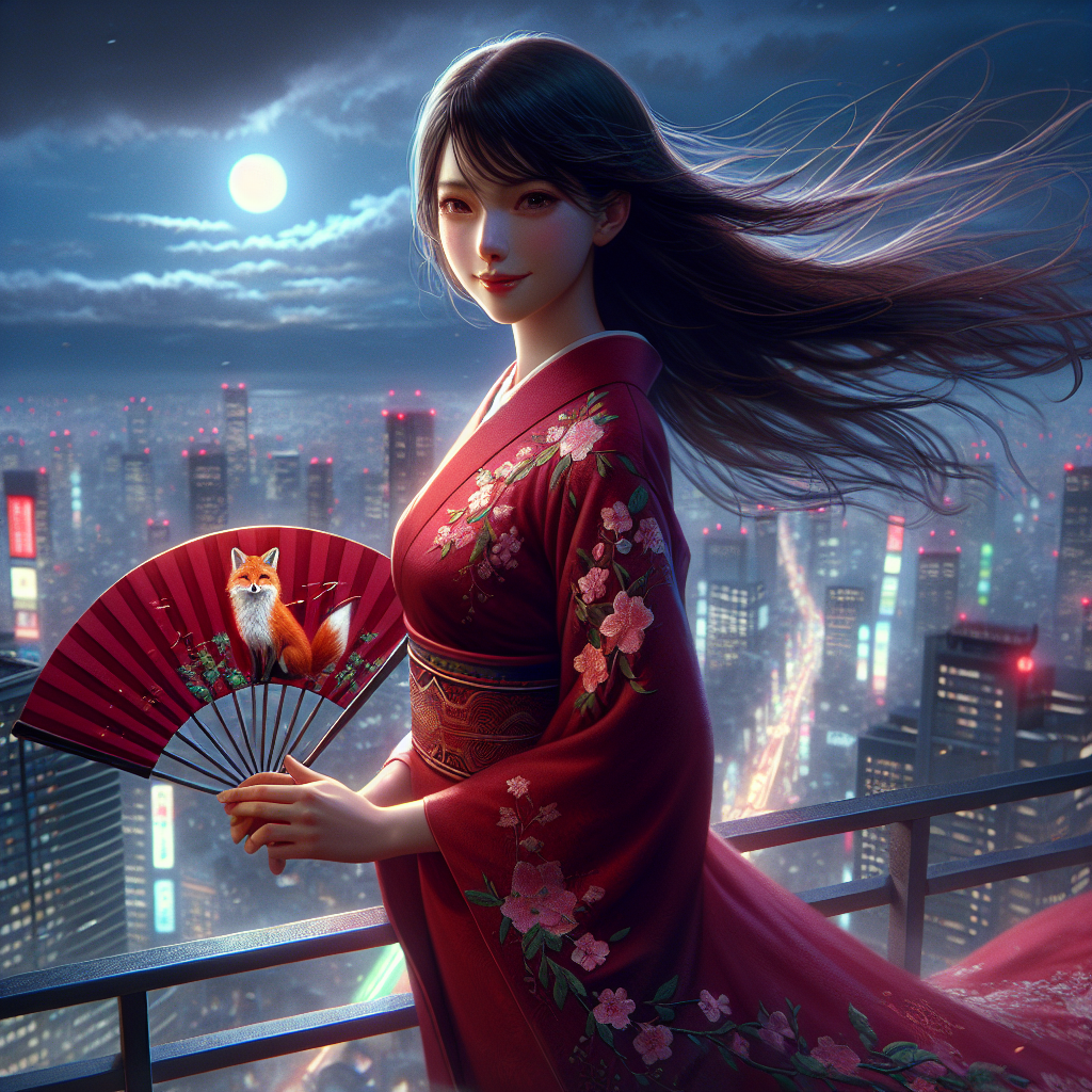 Японка в алом свадебном платье, украшенном вышивкой кицунэ, стоит на крыше, а за ее спиной раскинулся мерцающий огнями ночной Токио. В ее глазах - решимость и умиротворение. | Картинка - ИИ-арт © Надежда Иванова
