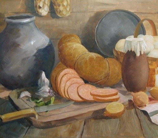 Бирюков С. "Натюрморт с колбасой", 1967 г.