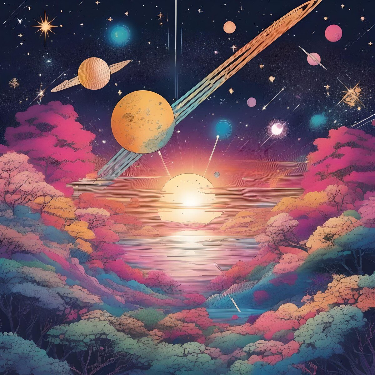 Планеты. Иллюстрация сгенерирована нейросетью