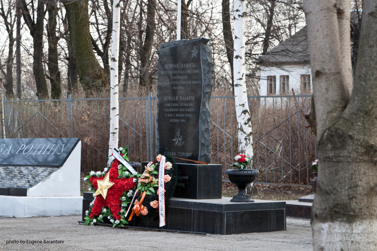 Останки военных летчиков, перенесенные из Хамбушевского оврага, перезахоронены на мемориале соседнего села Никуличи.