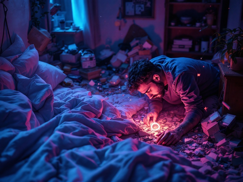    К чему такое снится: Человек стоит в небольшой комнате с засыпанным мусором полом, согнувшись, чтобы искать серебряное кольцо. В одной руке он держит кольцо, а другой рукой опирается на