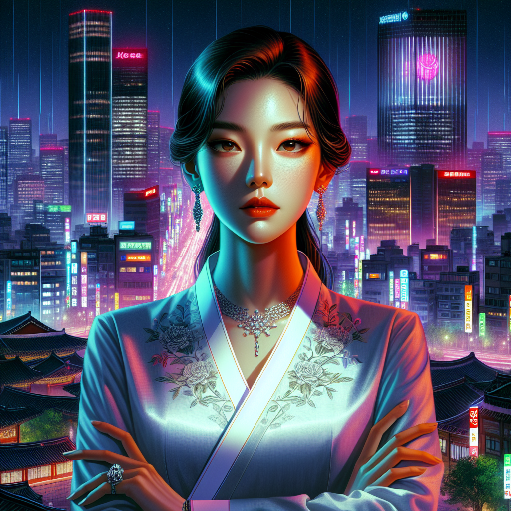 Женщина с идеальным лицом стоит на фоне ночного Сеула, а в ее глазах отражается тревога и страх. | Картинка - ИИ-арт © Надежда Иванова