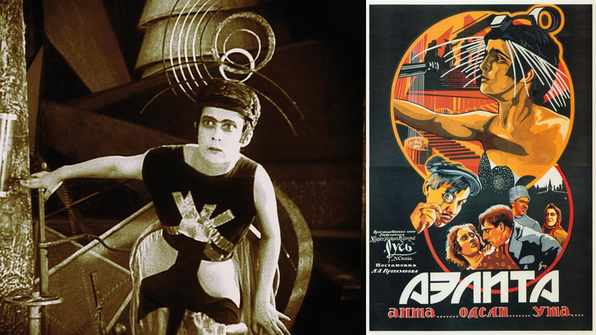 Кадр и постер единственной экранизации романа «Аэлита» Яковом Протазановым в 1924 году