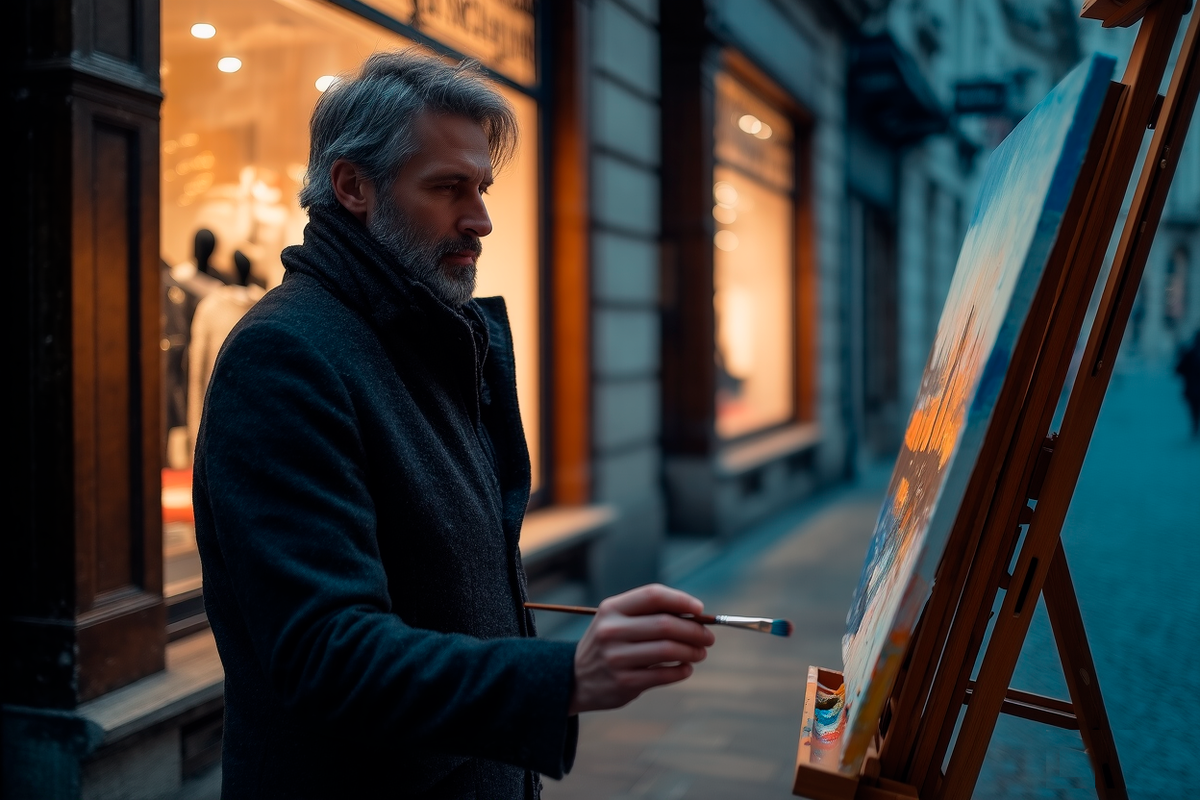 Он стоял у мольберта, а на мольберте оживала улица, залитая мягким светом.