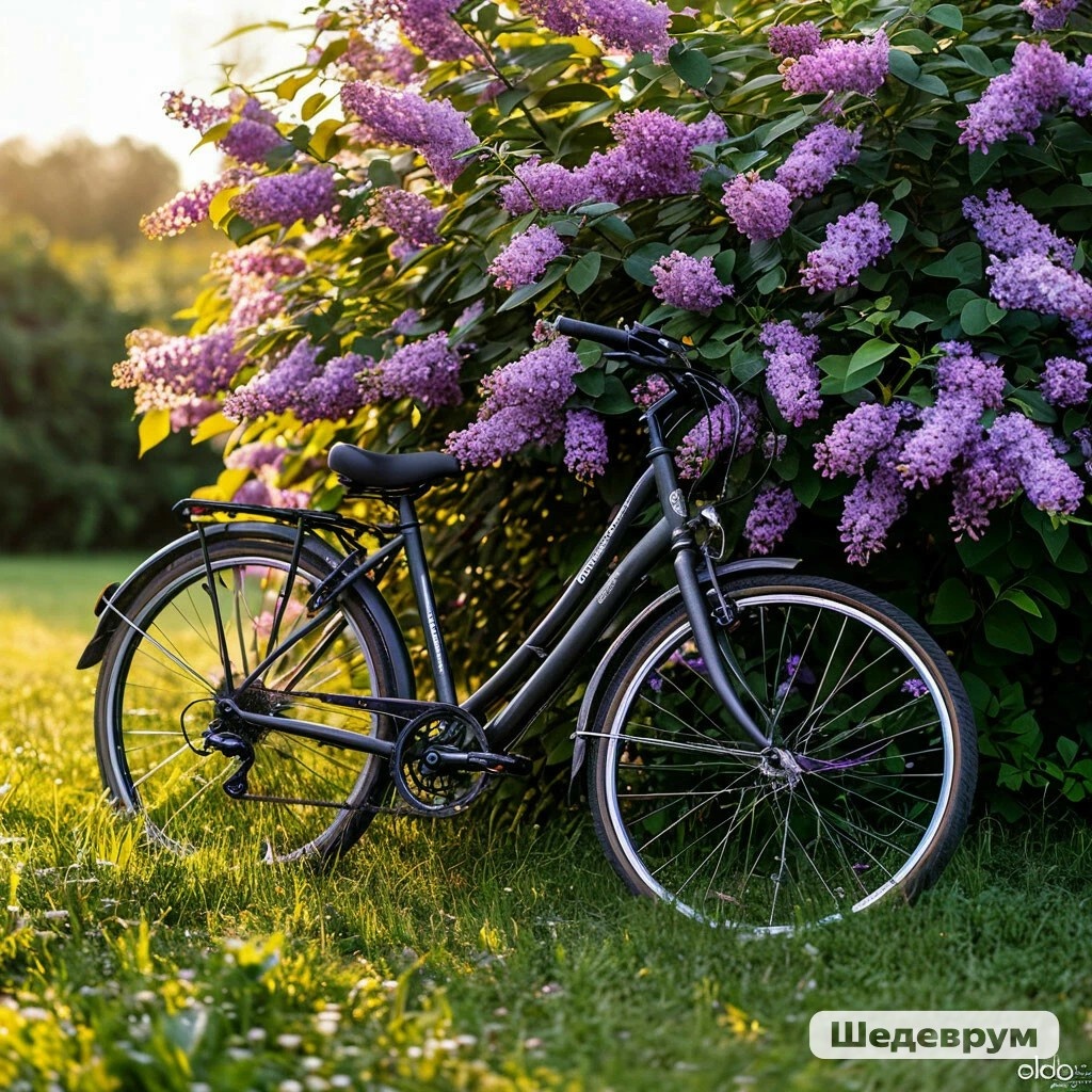 Велосипед под кустом сирени. Изображение сгенерировано нейросетью Шедеврум