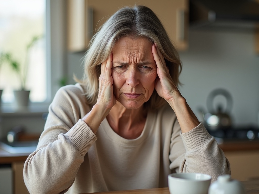 Женщина с головной болью за столом.