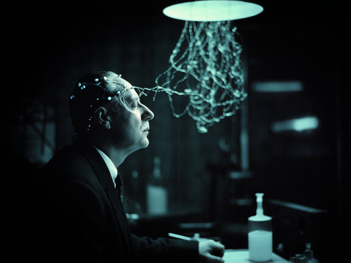 рхивные кадры экспериментов MK-Ultra, человек в каске с проводами