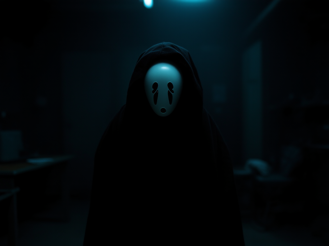 Силуэт человека в тёмной комнате, перед ним экран с гипнотическими узорами