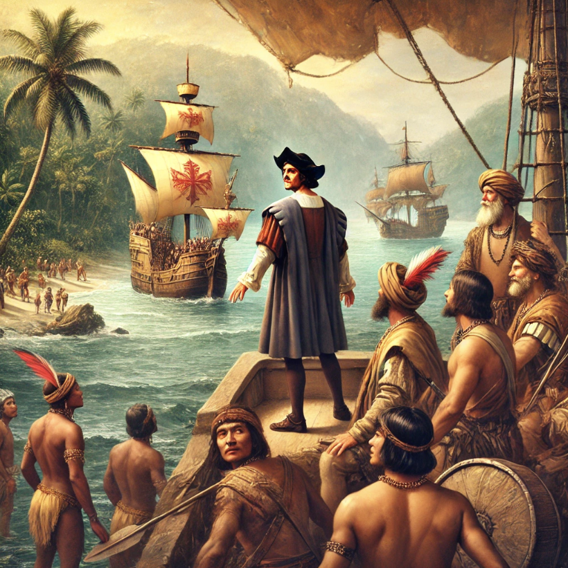 Колумб на борту своего корабля, глядя на новый берег, уверенный, что достиг Индии