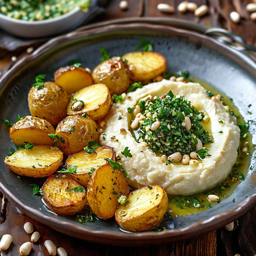 Представьте, что картофель и цветная капуста — это команда супергероев, которая борется за здоровое питание. Их секретное оружие — соус из базилика и кедровых орехов, который делает их неуязвимыми для вредных микробов!