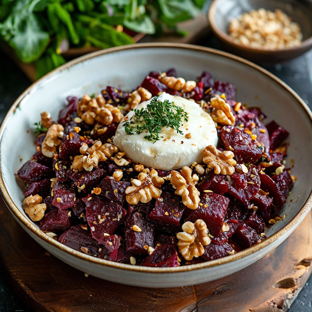 Этот салат сочетает в себе сладость свёклы и пикантность козьего сыра, что создаёт интересный вкусовой баланс.