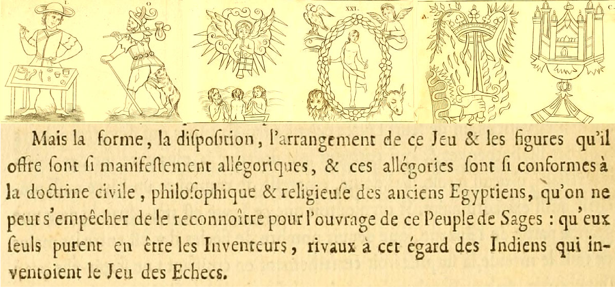 Наверху - шесть изображений из трактата Курта де Жеблена Monde Primitif (том 8, стр. 720), Источник: Интернет-архив Monde Primitif, том 8. Снизу-  отрывок из трактата Курта де Жебелена Monde Primitif (том 8, стр. 366, 1781),
