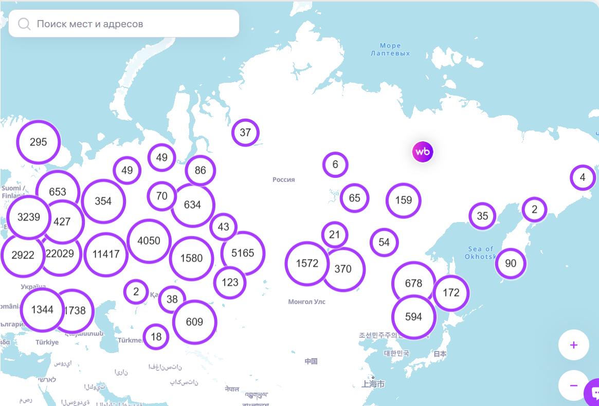 Карта пунктов выдачи "Wildberries"