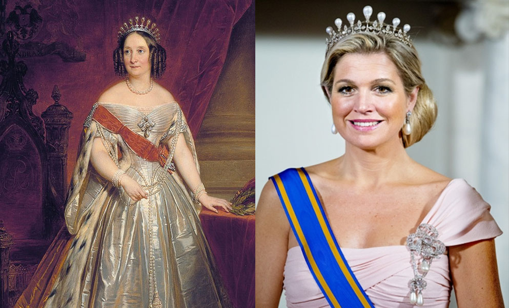 Слева Анна Павловна в коронационной тиаре, а справа королева Максима в современном варианте тиары, переделанной из тиары Анны Павловны, изготовленной к коронации мужа