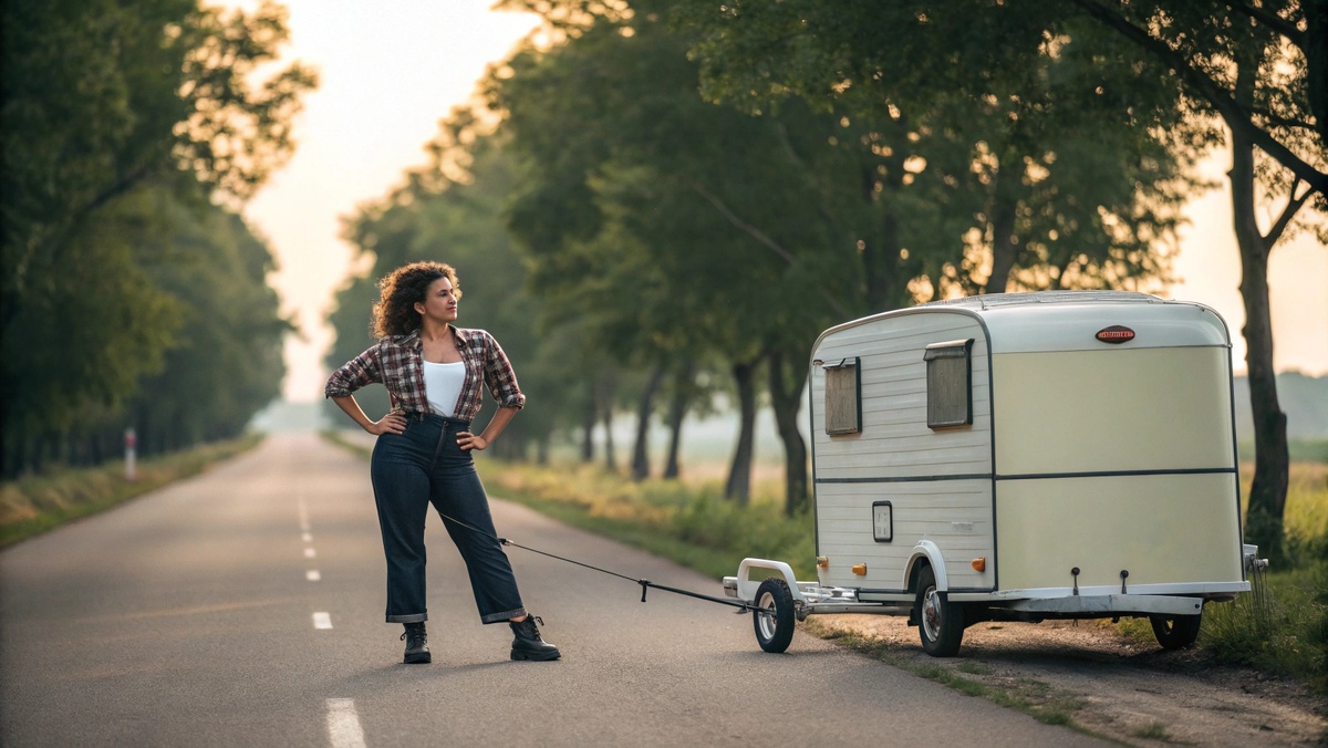Просто женщина с прицепом на фоне дороги