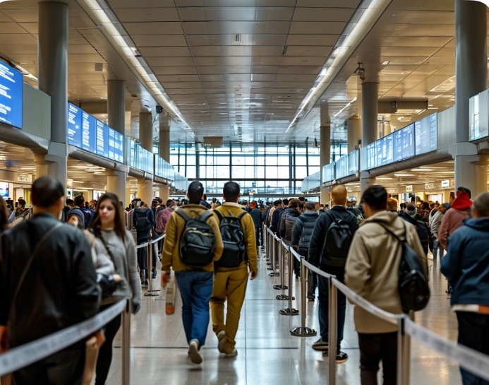 Подойдя к очереди на паспортный контроль, я увидел, что были выстроены коридоры заградительными лентами так, чтобы выстроить очередь "змейкой"