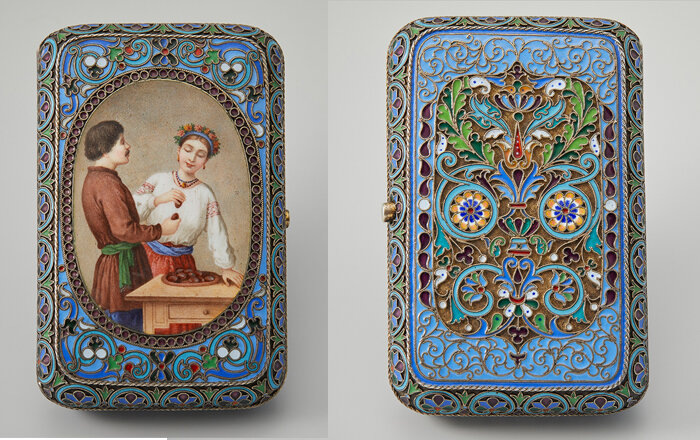 Портсигар с эмалевой миниатюрой «Игра в битки»