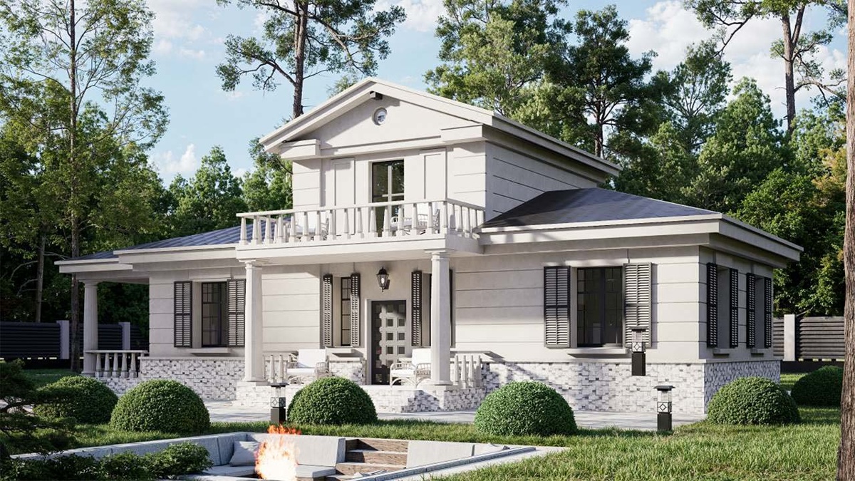 Главные детали архитектуры: классические портики мезонина, колонны, балюстрады балкона и террасы. Главный вход - под балконом, по центру дома.