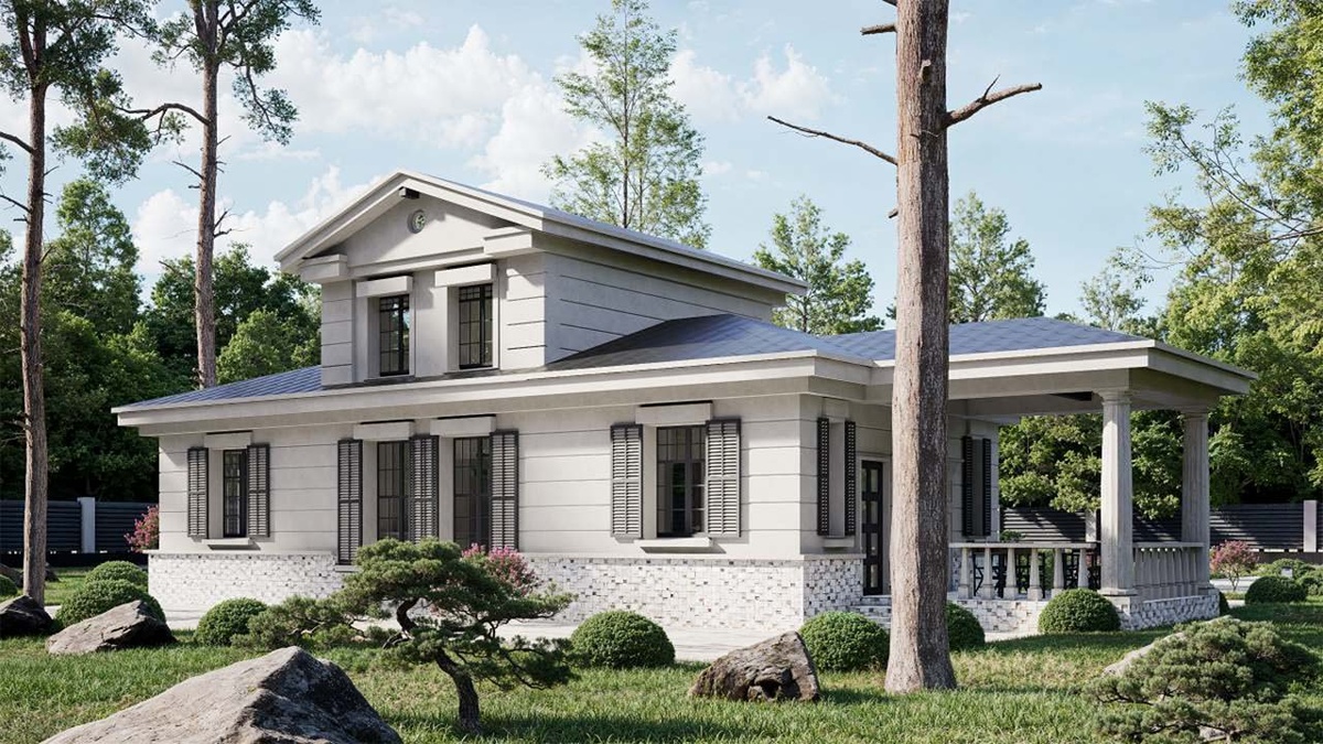 Главные детали архитектуры: классические портики мезонина, колонны, балюстрады балкона и террасы. Главный вход - под балконом, по центру дома.