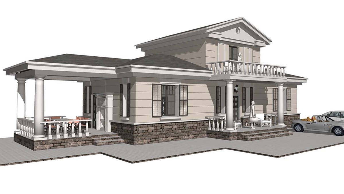 Главные детали архитектуры: классические портики мезонина, колонны, балюстрады балкона и террасы. Главный вход - под балконом, по центру дома.
