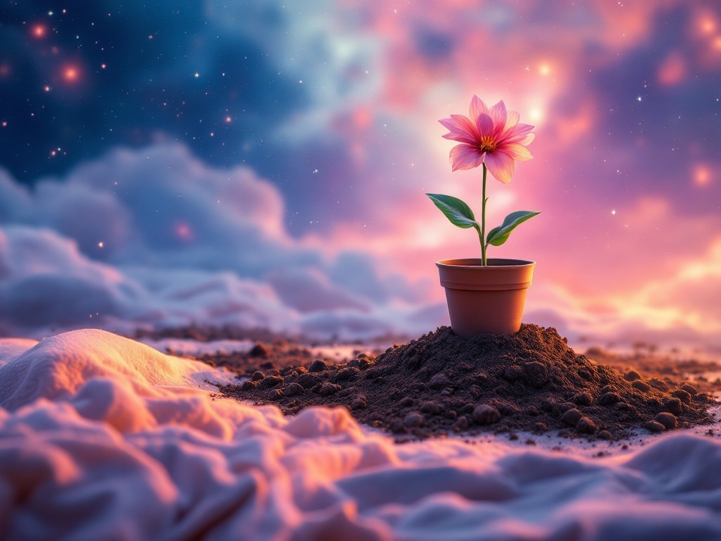    К чему такое снится: На картине изображен цветок в горшке, который стоит непосредственно на земле. Из-под цветка на землю рассыпаются клубки земли, формируя небольшую кучу вокруг основан