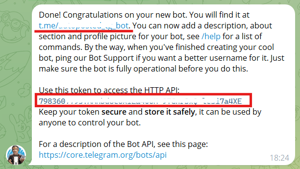 Получаем ссылку на бота и токен