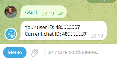 Во второй строке указан ID текущего чата, так как вы переписываетесь лично с ботом, а не в публичном чате, он соответствует вашему ID