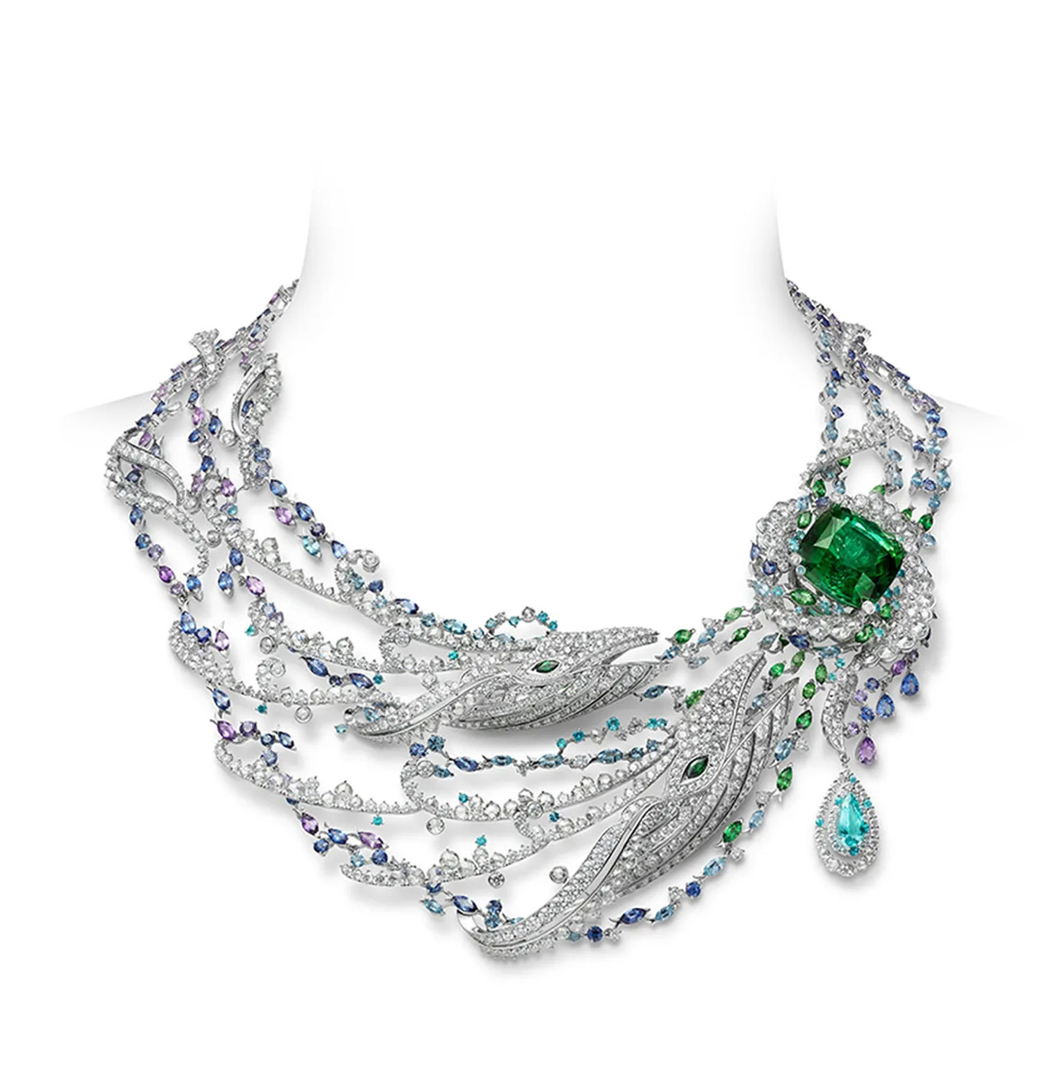 Белое золото 18 карат, турмалин, сапфир, аквамарин, гранат, бриллиант