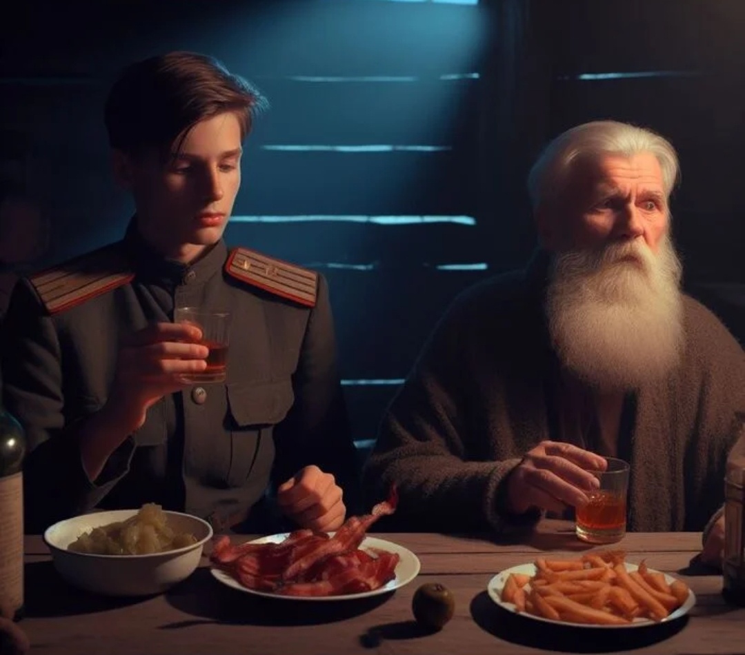 Митрофан и Брехалов. Жрут бекон и картошку фри. Потому что Митрофан попал в одну артель с английским шпионом на каторге... Или потому что Бинг не умеет рисовать сало и сковороду с картошкой.