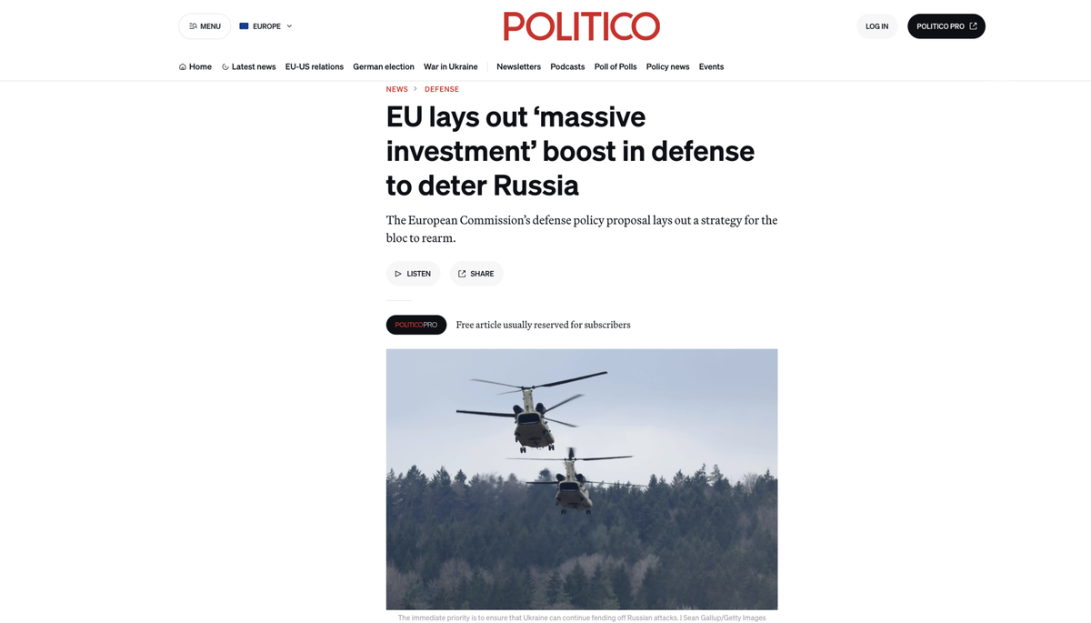     ЕС планирует стимулировать оборонную сферу «масштабными инвестициями» для сдерживания России / Скриншот статьи на сайте www.politico.eu