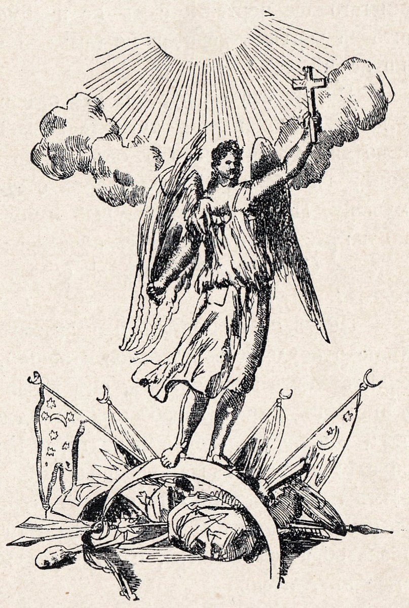 «Торжество христианства над исламом». Подпись под этой гравюрой гласила: «Петр Алексеевич, Великий Царь Русский, награвировал это иглою и крепкою водкою, под смотрением Адриана Шхонебека в Амстердаме, в 1698 году, в спальне Своей квартиры на верфи Остиндской кампании» (С.В. Фомин «Кантемиры в изобразительных материалах». Кишинев. «Штиинца». 1988. С. 9-10).