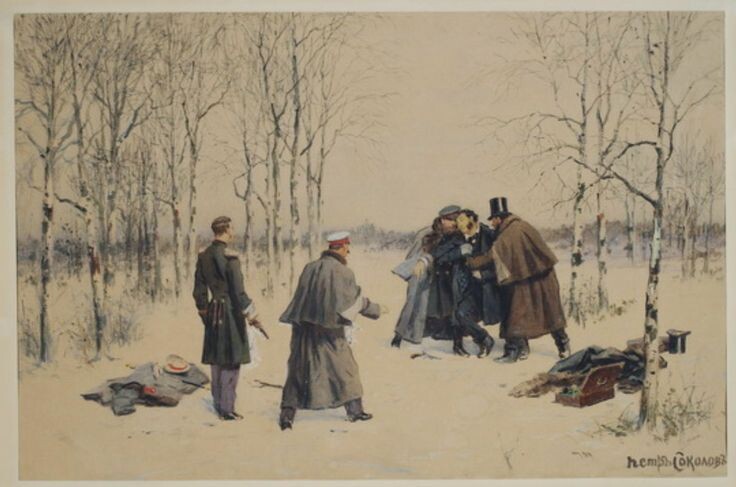 Последняя дуэль Пушкина. Акварель. Художник Петр Соколов, до 1899 года. Из собрания Всероссийского музея А.С. Пушкина. Фото - Яндекс-картинки