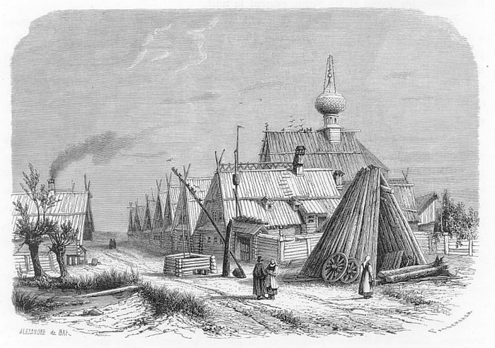 Русская деревня. Гравюра Ф. Паннемакера
