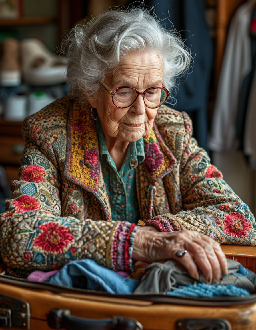 Пожилая женщина готовится к путешествию. Картинка создана автором с помощью нейросети.