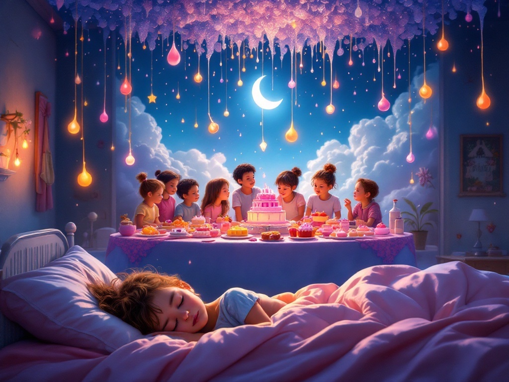    К чему такое снится: Я бы нарисовал группу детей разного возраста и разной внешности, собравшихся вокруг стола, на котором стоят разные торты и сладости. Над головами детей капли воды па