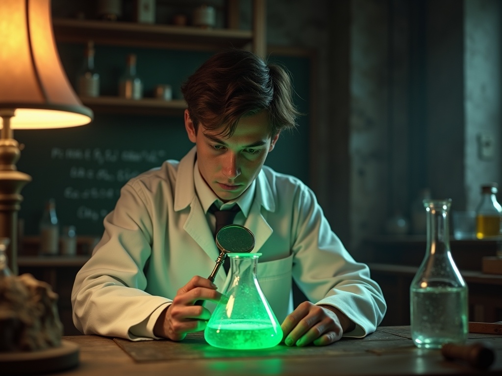 Александр Имич - молодой химик с колбой в лаборатории.