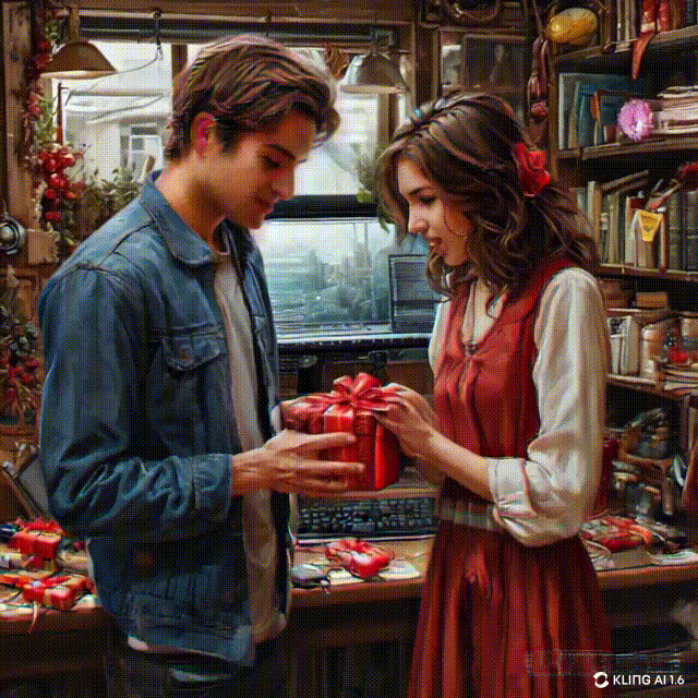 Kling. Результат "оживления" картинки по запросу "мужчина дарит девушке подарок".