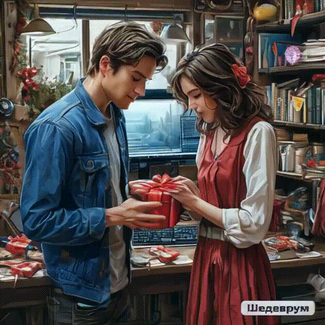 Канднский. Результат "оживления" картинки по запросу "мужчина дарит девушке подарок".