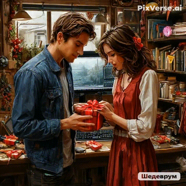 PixVerse. Результат "оживления" картинки по запросу "мужчина дарит девушке подарок".