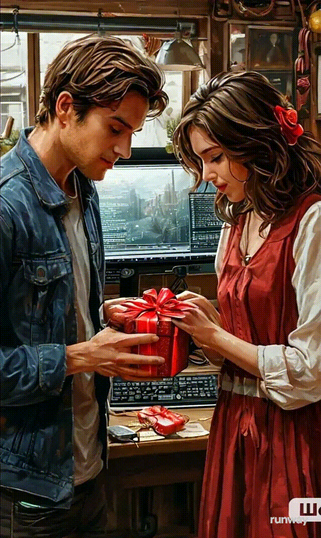 RunWay. Результат "оживления" картинки по запросу "мужчина дарит девушке подарок".