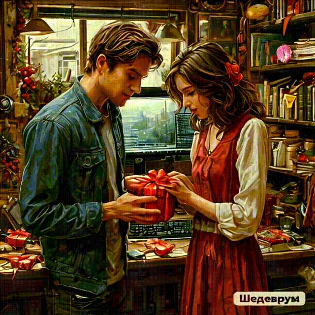 Stable Video Diffusion. Результат "оживления" картинки по запросу "мужчина дарит девушке подарок".