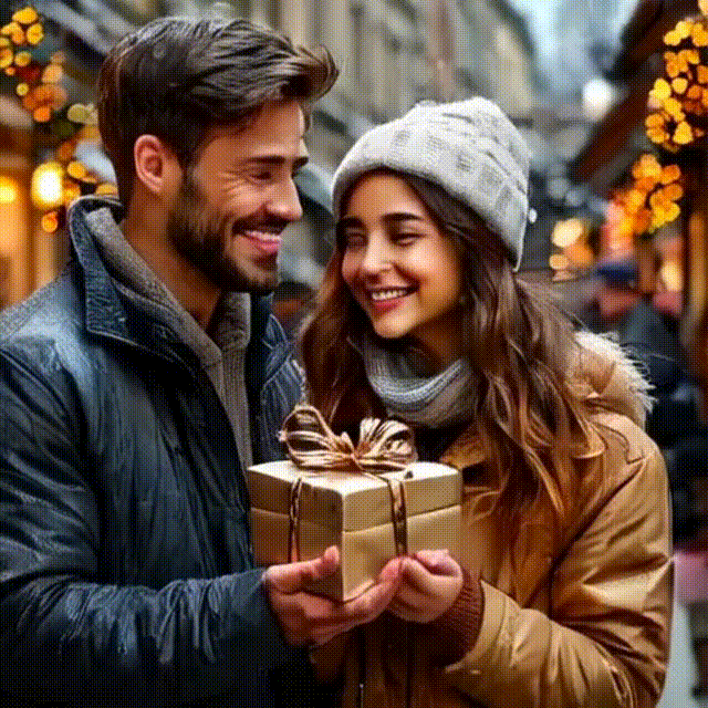 Шедеврум. Видео, сгенерированное по текстовому запросу "мужчина дарит девушке подарок".