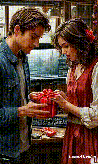 Luna AI. Результат "оживления" картинки по запросу "мужчина дарит девушке подарок".