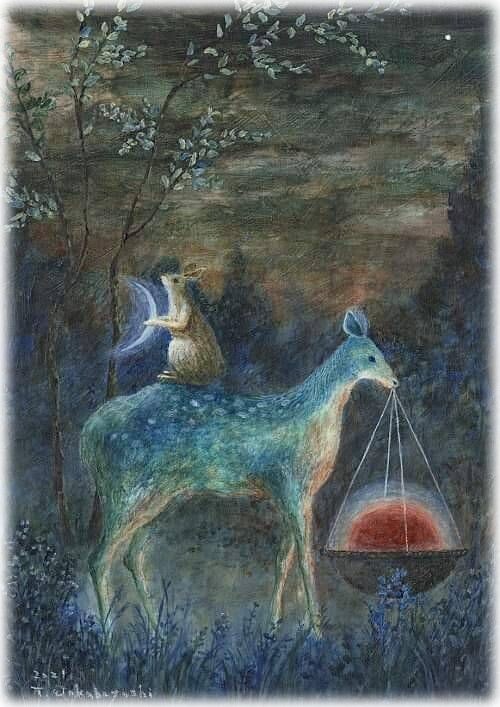 © Тецуширо Вакабаяши. Олень, несущий Солнце, и кролик, несущий Луну. Акрил. 