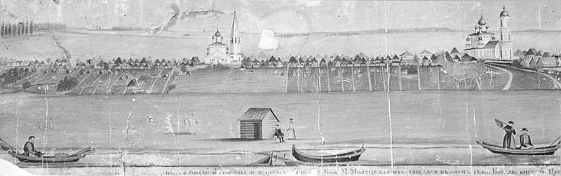 Василий Башков, "Вид села Угодичи с западной стороны и чудотворной иконы Божией Матери Молченския, находящейся в Богоявленской церкви".